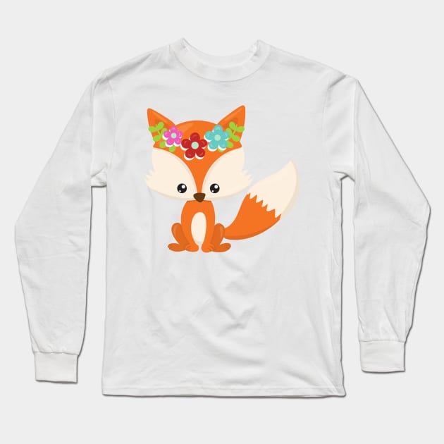 Spring Animals, Cute Fox, Little Fox, Flowers Long Sleeve T-Shirt by Jelena Dunčević